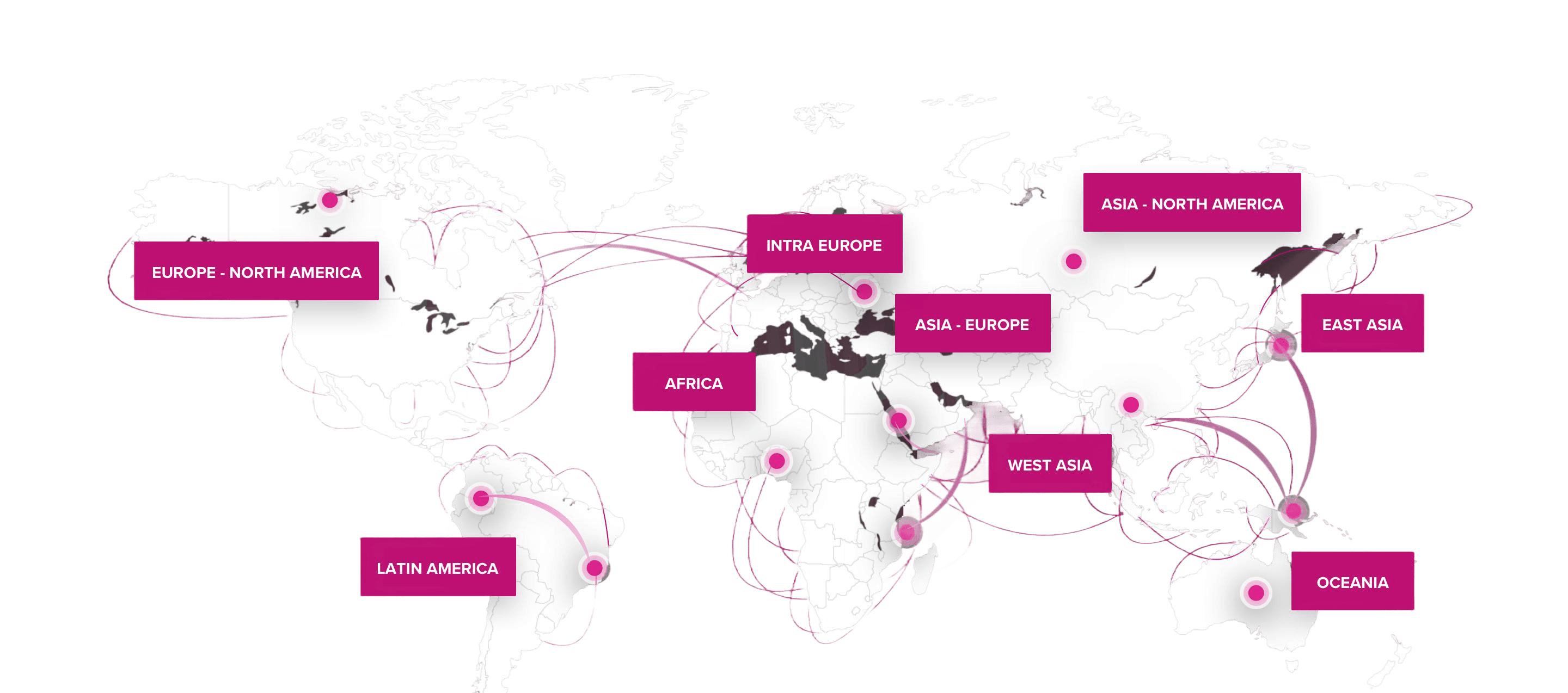 World map of ONE trade lanes covered by SHINE: Europe - North America, Intra Europe, Asia - Europe, Asia - North America, East Asia, West Asia, Africa, Latin America and Oceania