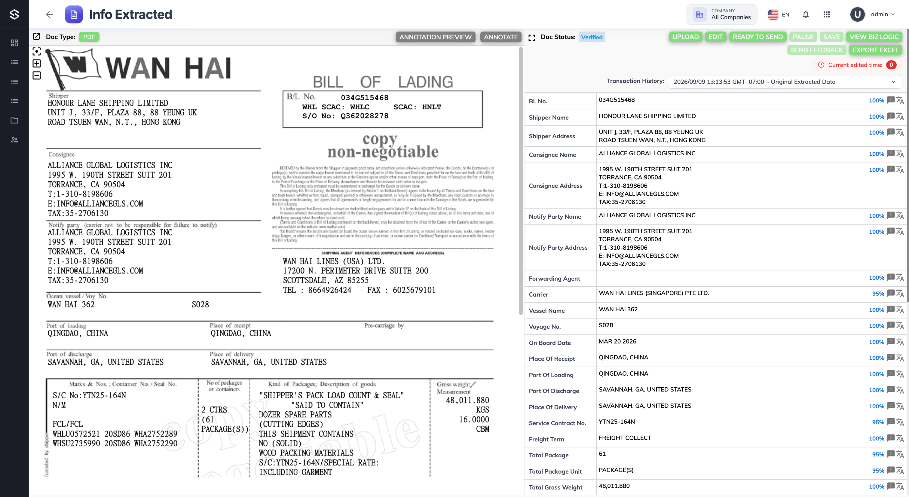 SHINE extracted Bill of Lading fields shown next to the original document